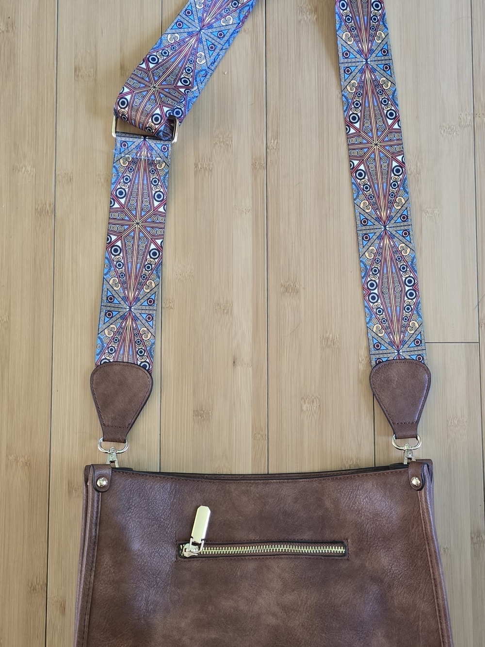 The Sak Brown Crossbody Bag with Patterned Blue-Brown Strap